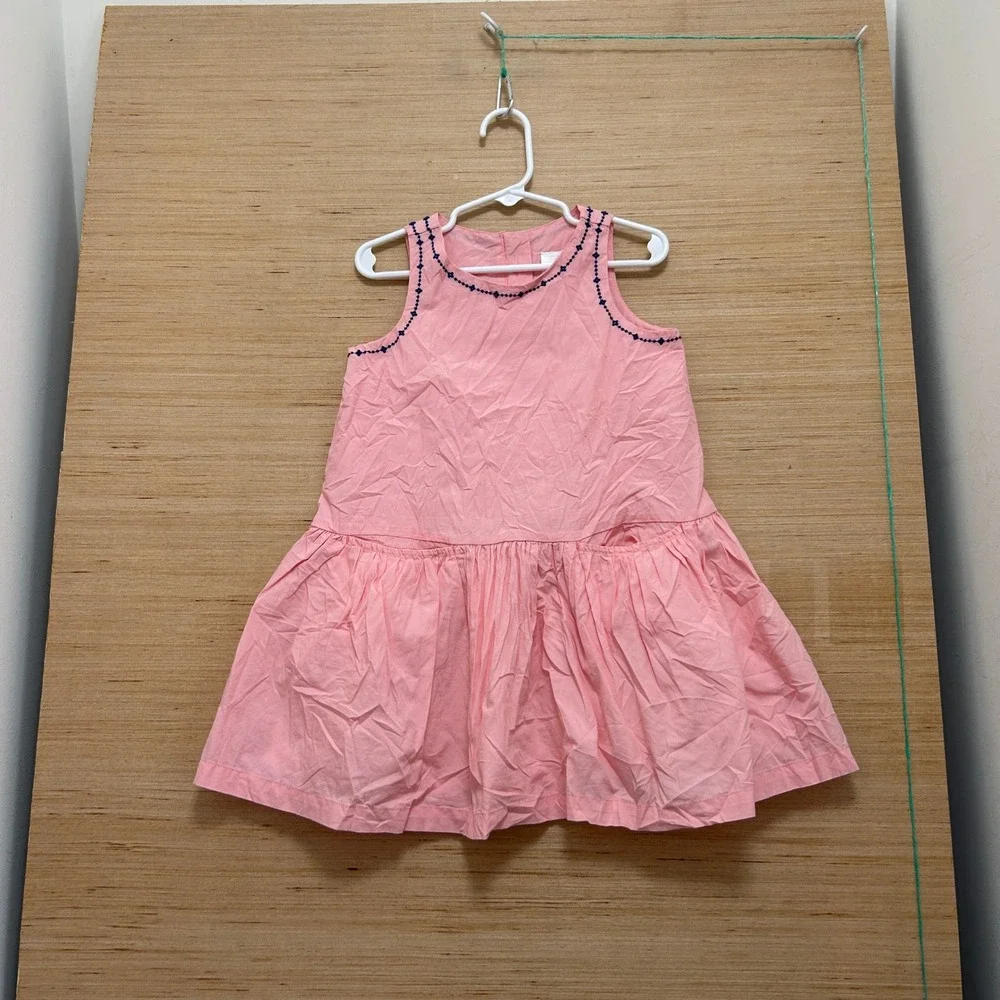 Hanna Andersson Girls Pink Embroidered Dropped Waist Pleated Cotton Dress 100 4T